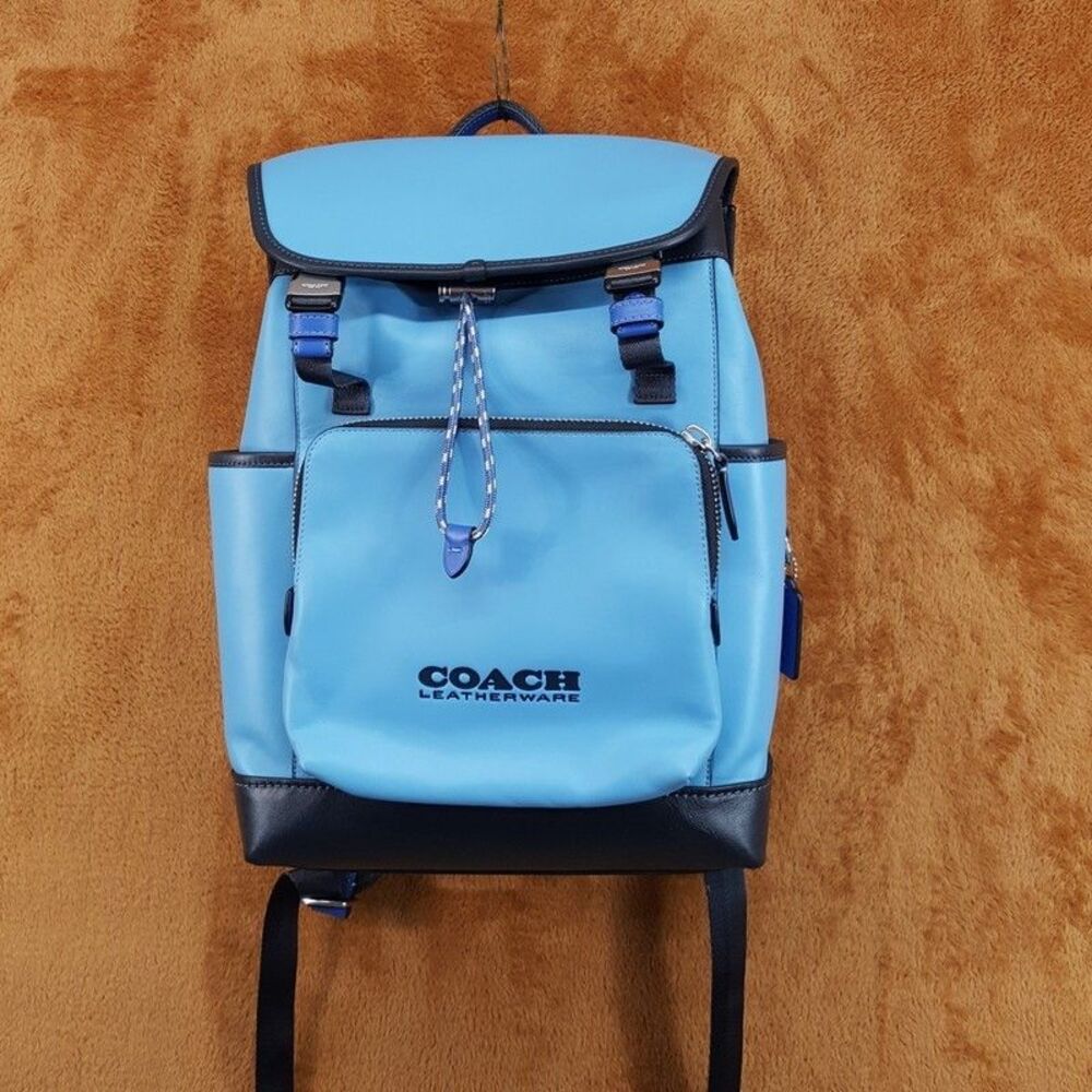 COACH League Flap Backpack Blue Calf Leather Colorblock Black